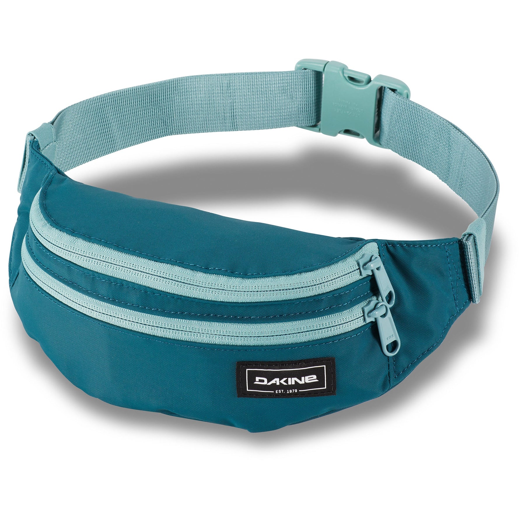 Dakine teal hip pack with zipper compartments and adjustable waist strap