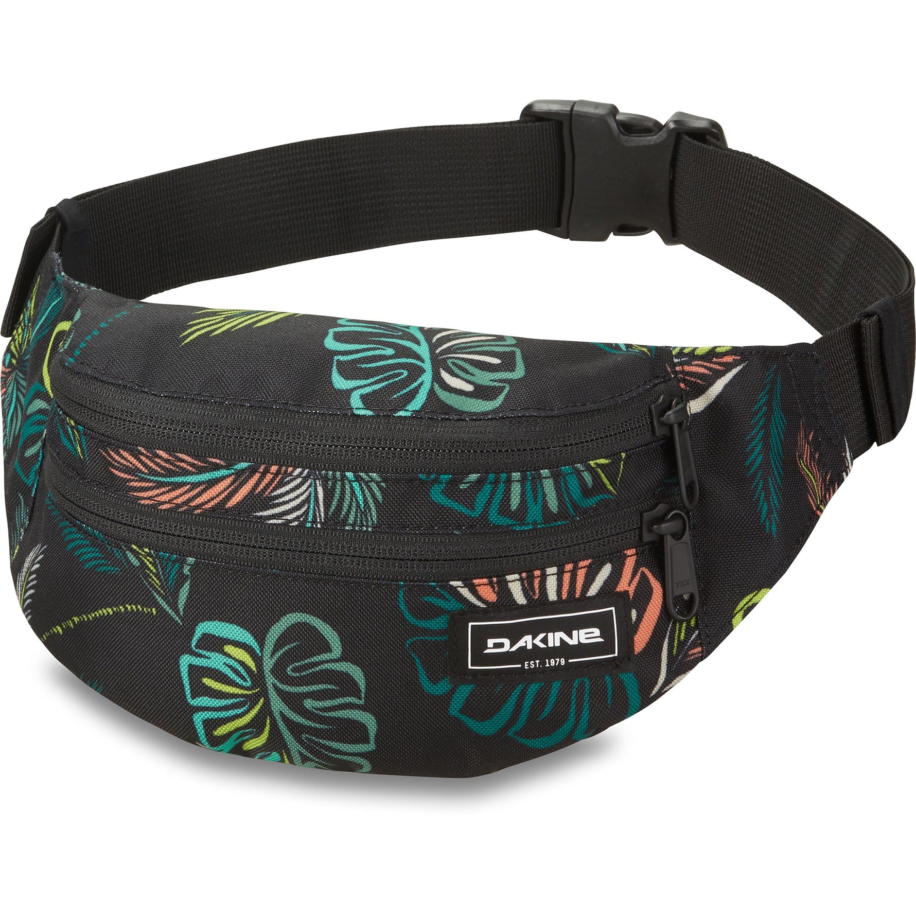 Dakine hip pack with tropical leaf print pattern and adjustable waist strap