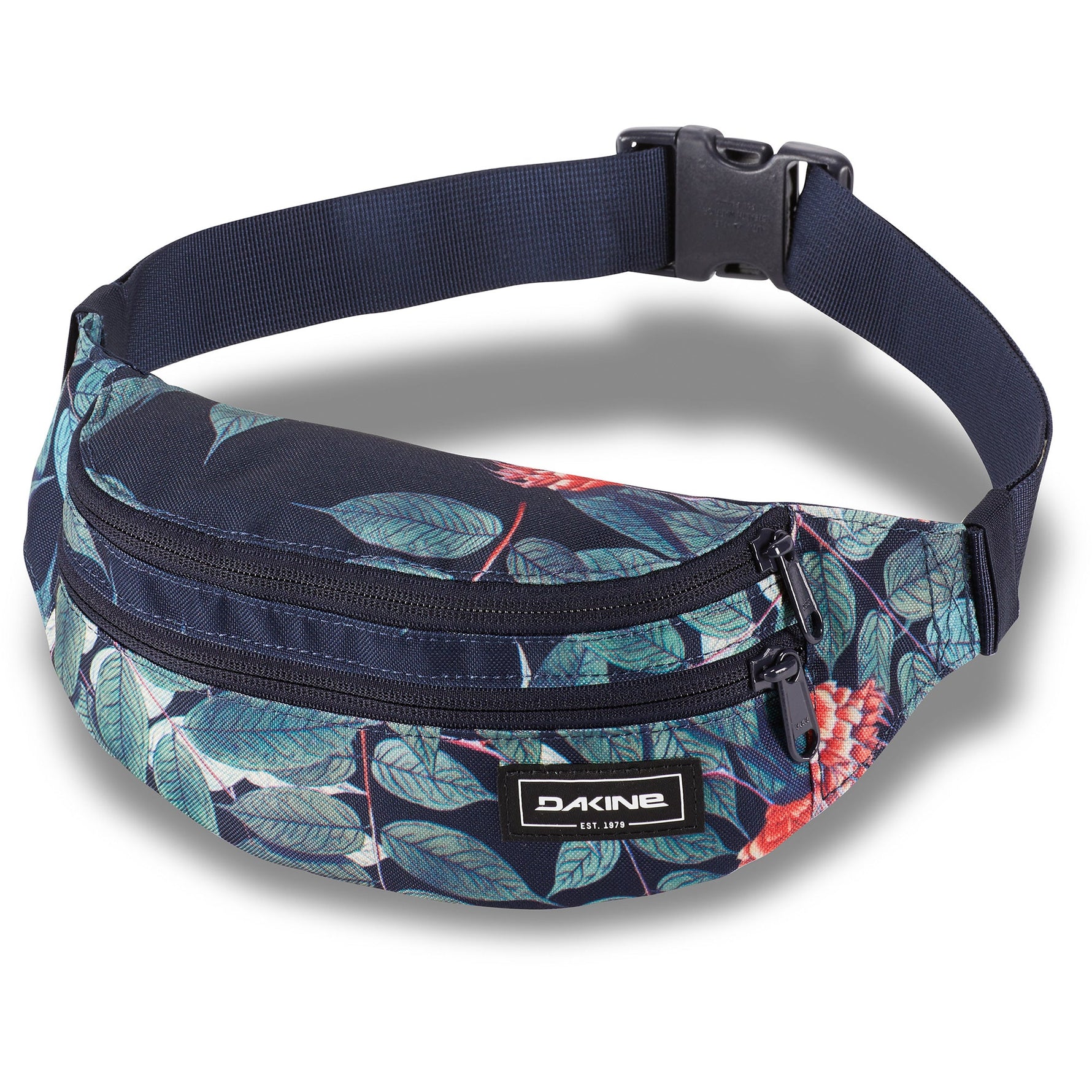 Dakine hip pack with tropical leaf pattern on clean white background