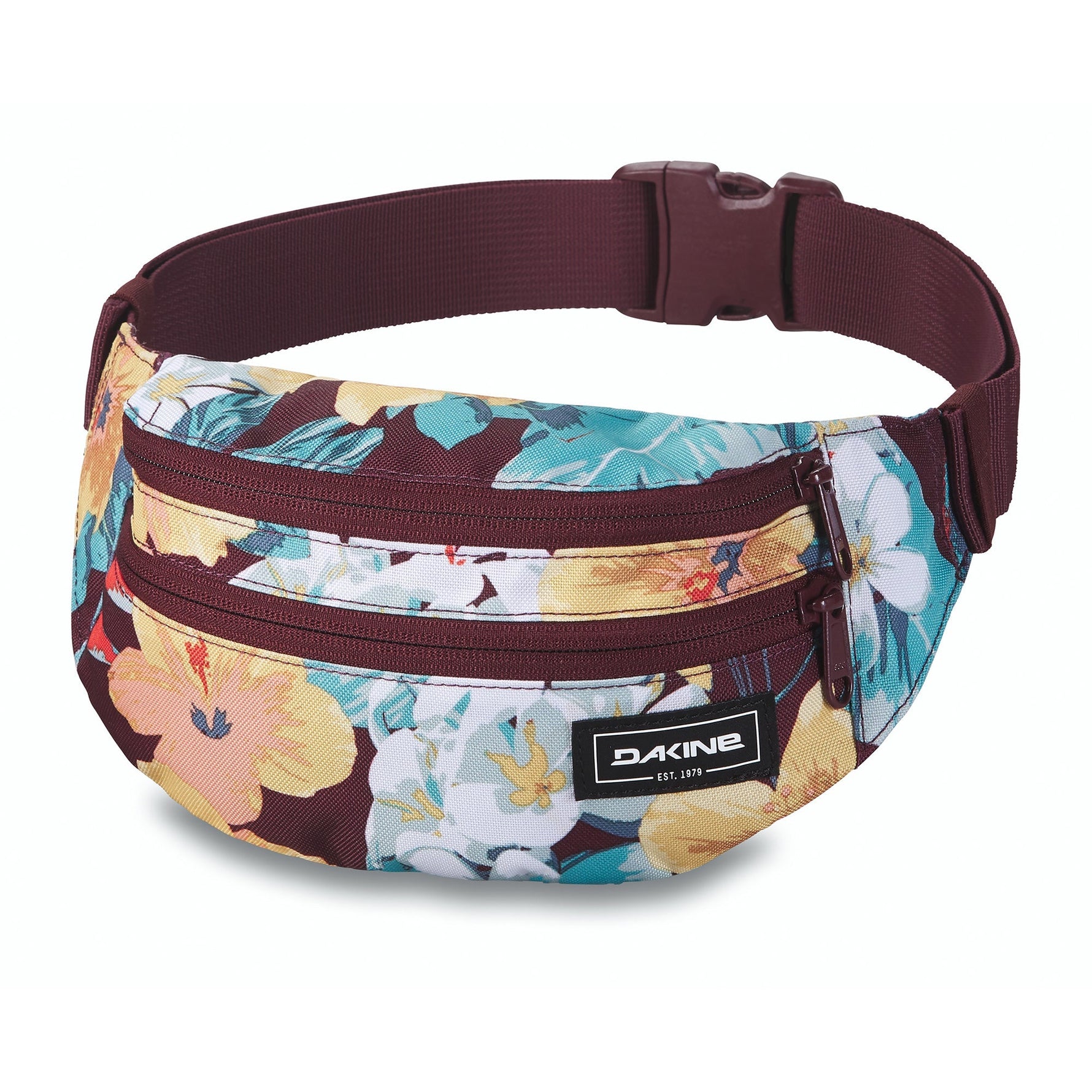 Dakine hip pack with tropical floral pattern and burgundy strap