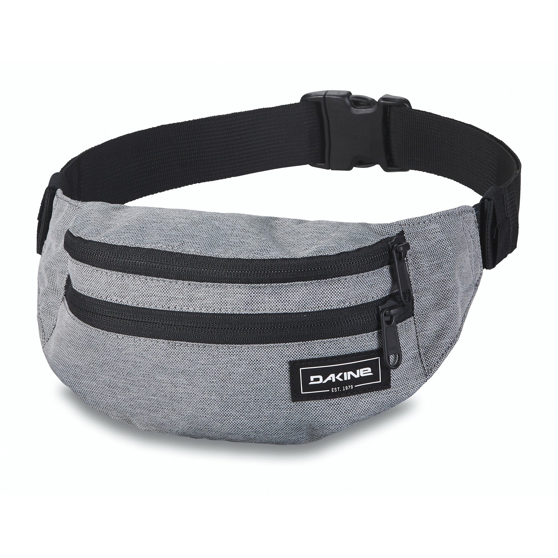 Dakine grey hip pack with black stripes and adjustable waist strap