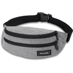 Dakine gray heather hip pack with black straps and zippers on white background