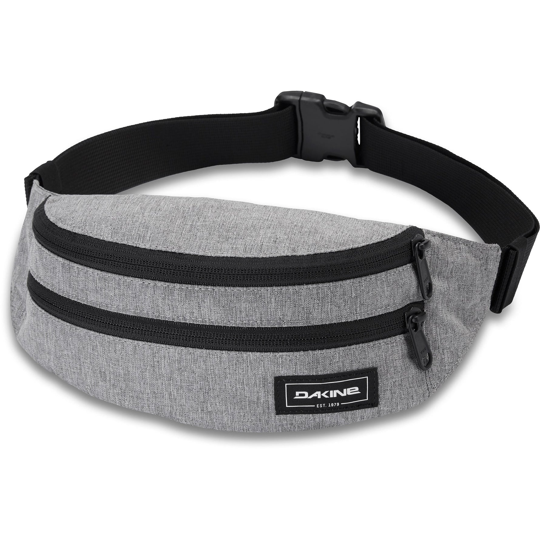 Dakine gray heather hip pack with black straps and zippers on white background
