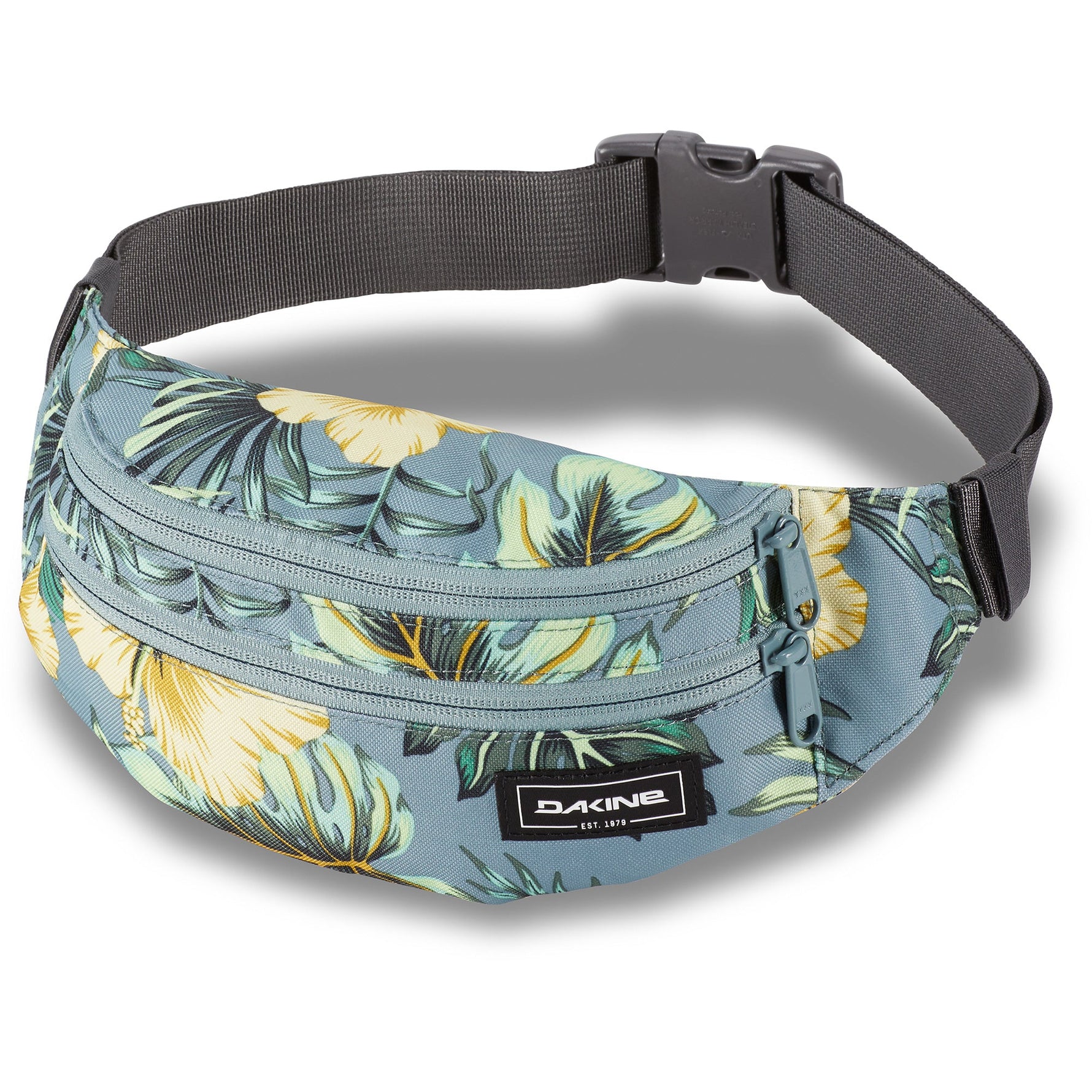 Dakine fanny pack with tropical palm leaf print on blue background