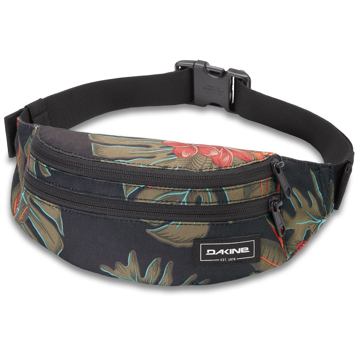 Dakine hip pack with tropical floral print pattern on white background