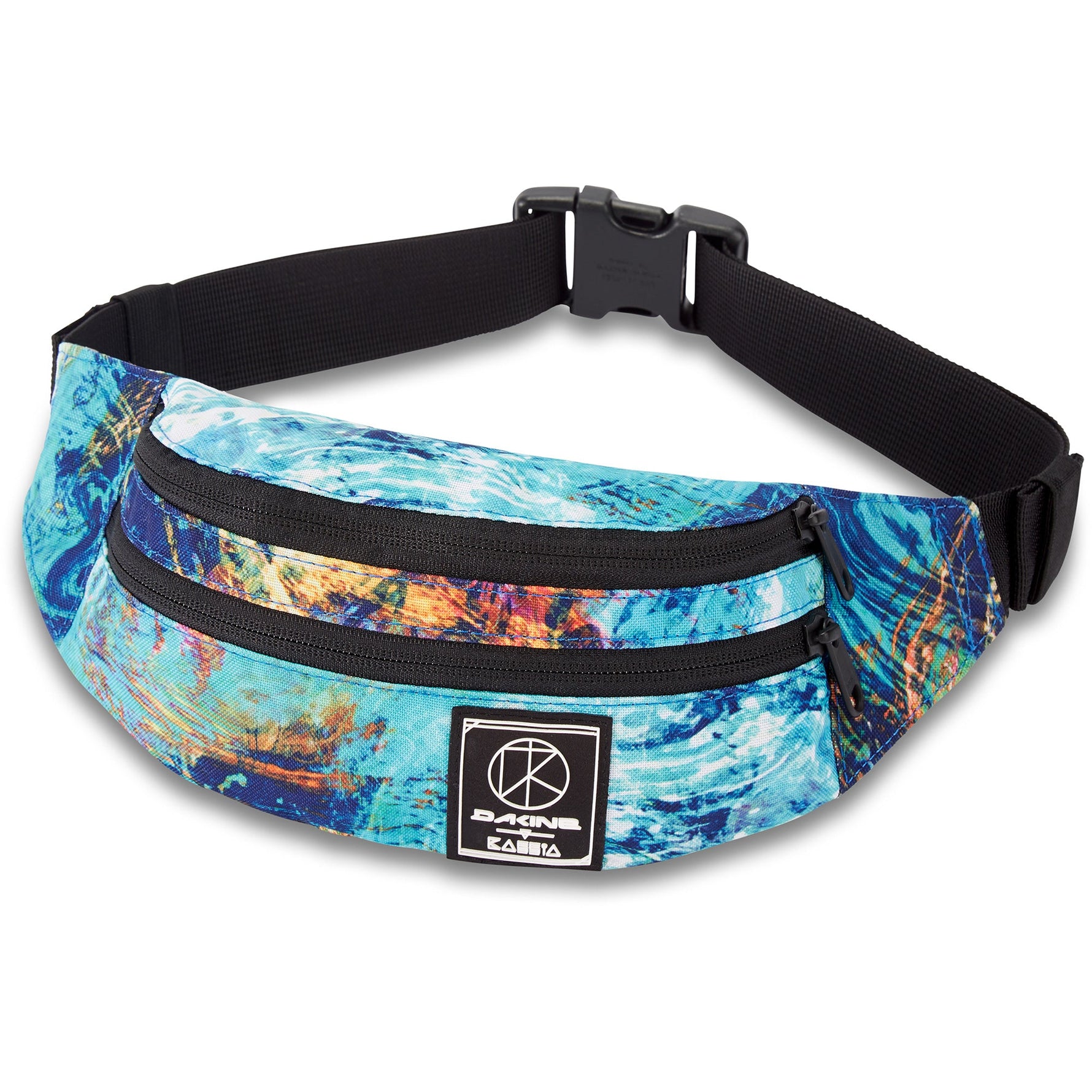Dakine hip pack fanny bag with blue tie-dye pattern and black adjustable strap