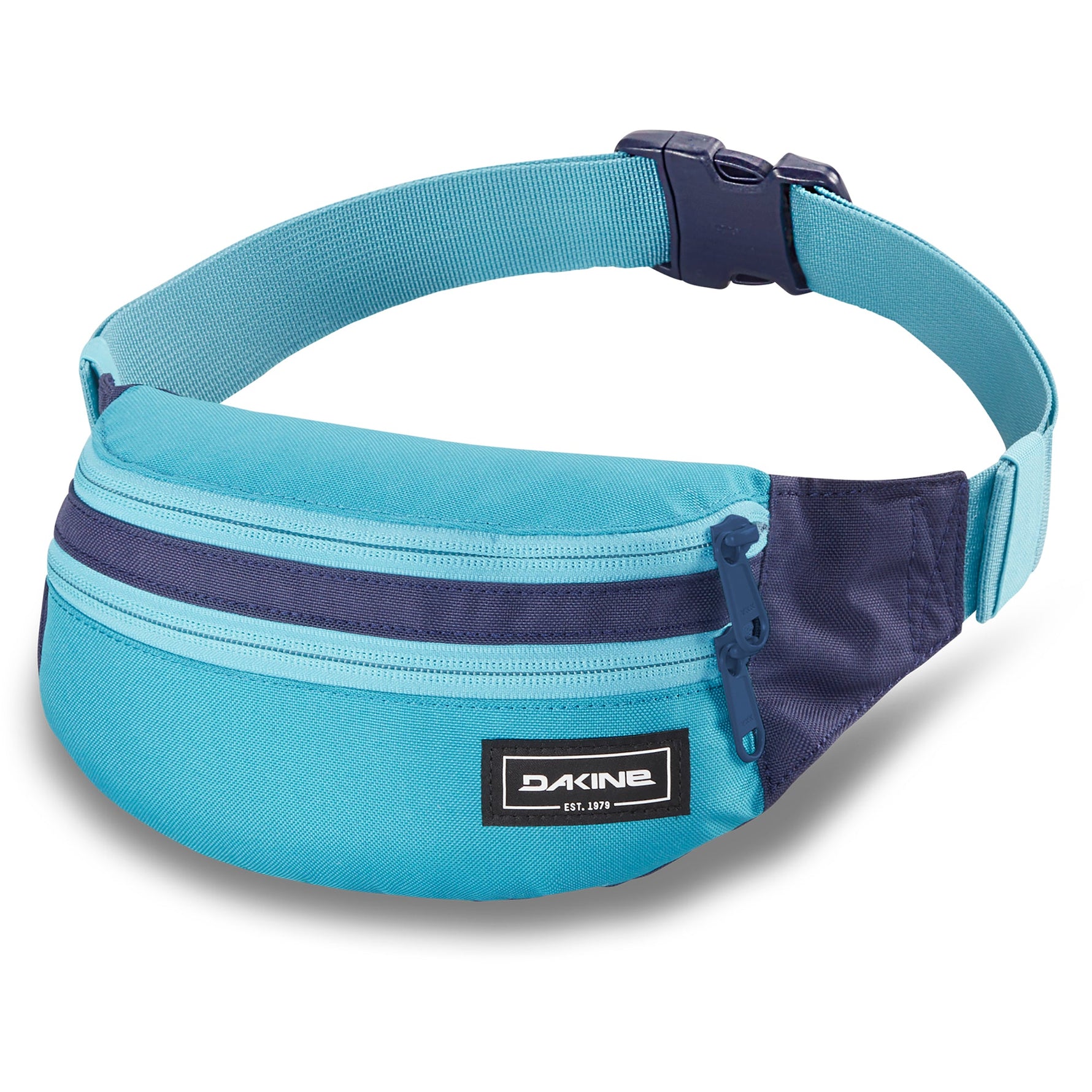 Dakine hip pack in turquoise and navy colorway with adjustable waist strap