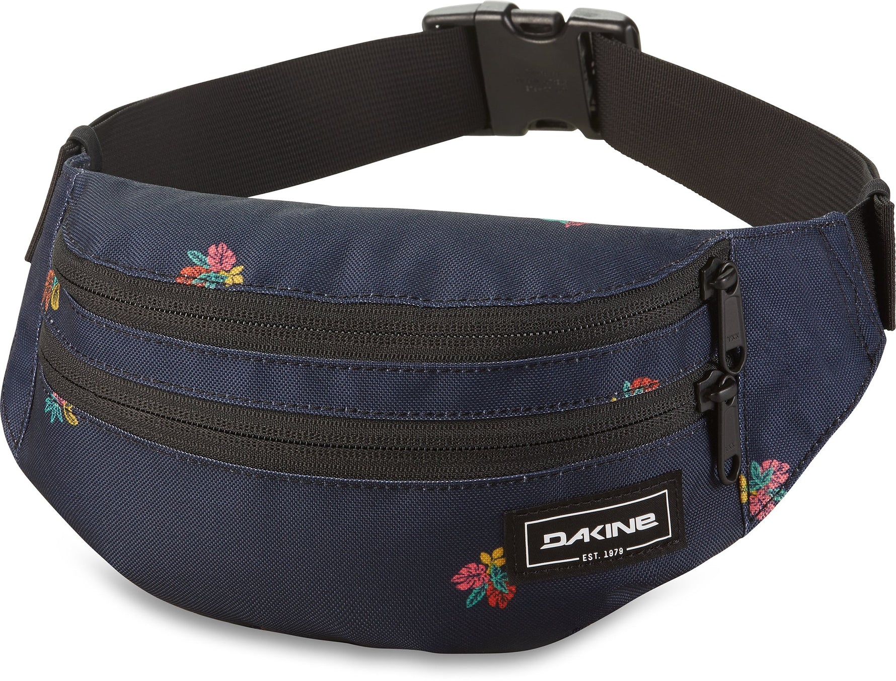 Dakine navy blue hip pack with floral embroidery and black zipper details