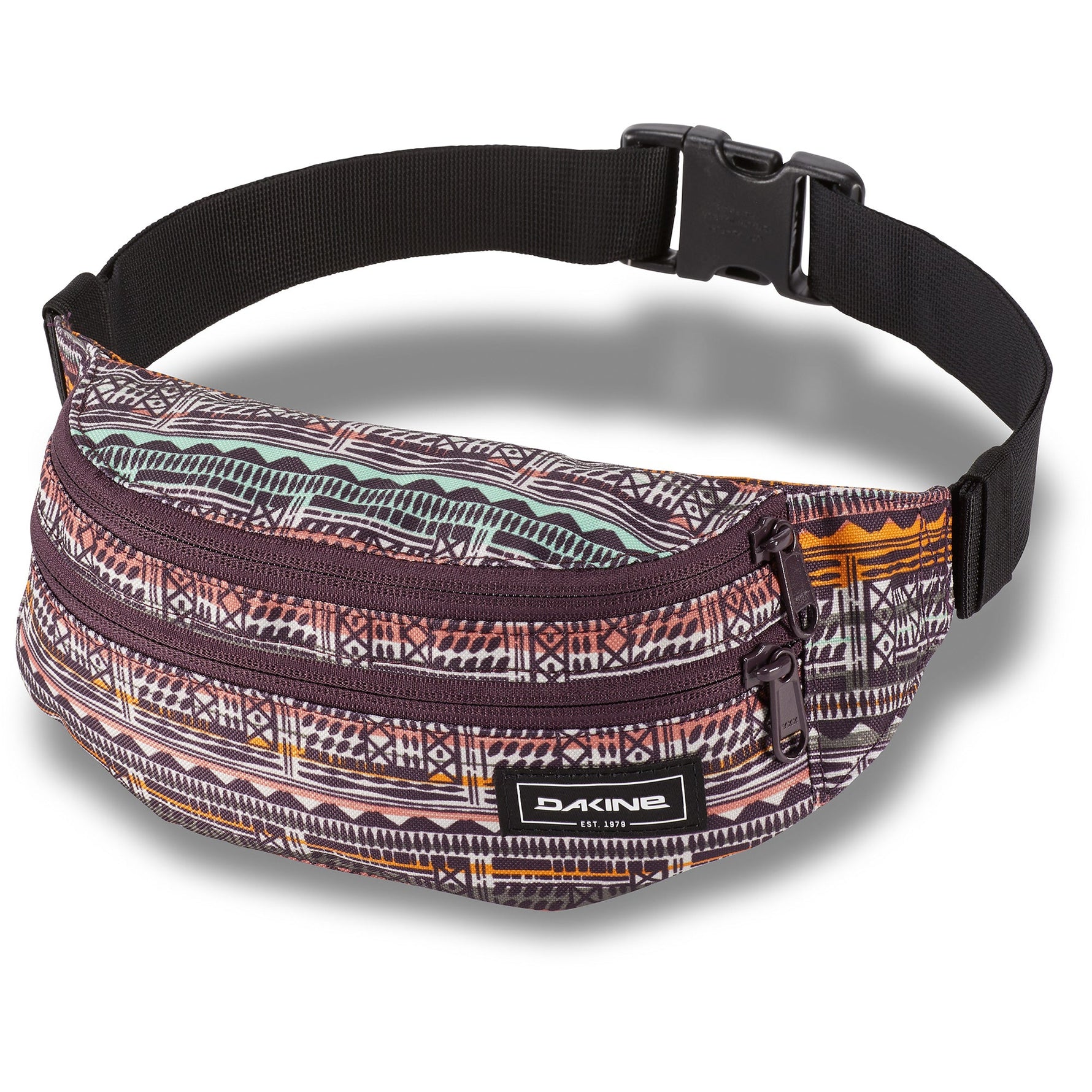 Dakine hip pack with colorful tribal geometric pattern and adjustable black strap