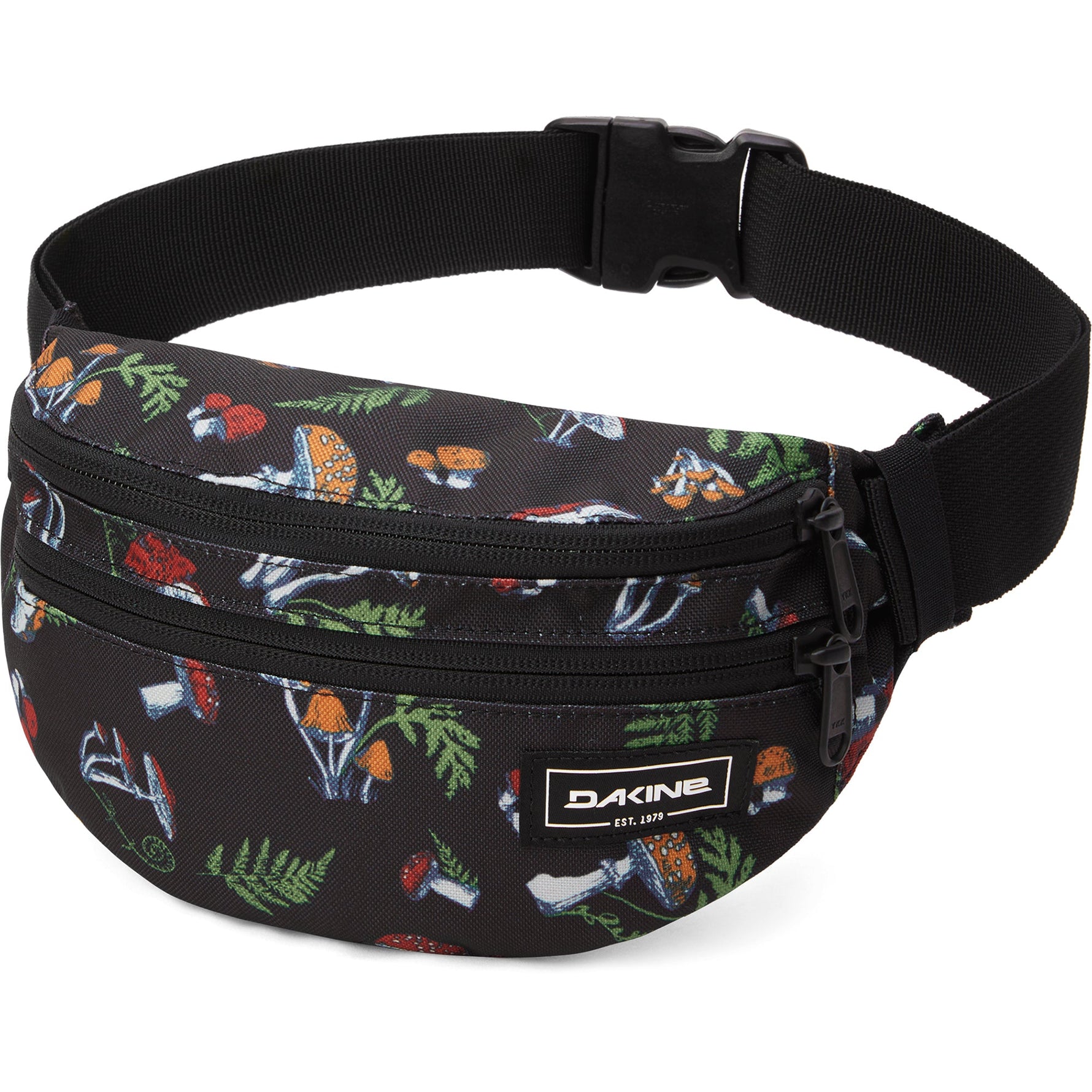 Dakine hip pack with colorful mushroom and fern pattern on black background