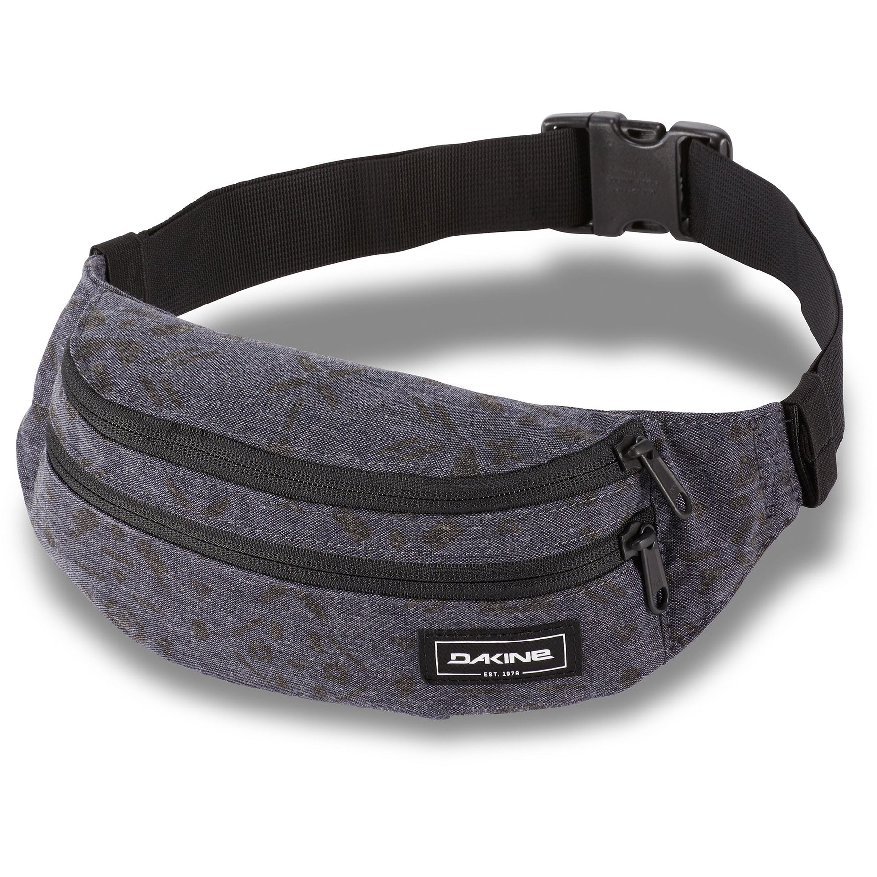 Dakine gray heathered hip pack with black adjustable strap and dual zippered compartments