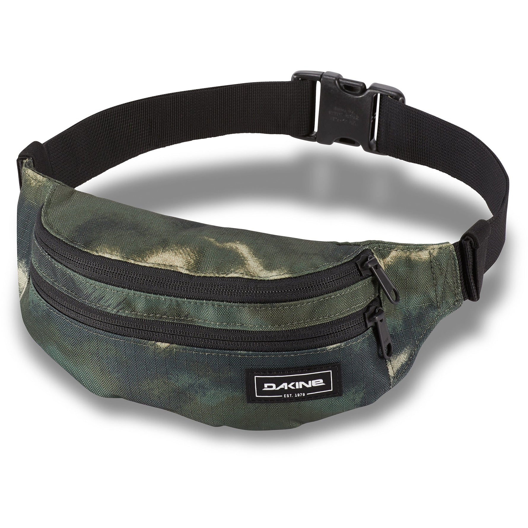 Dakine olive green camouflage hip pack with black straps on white background