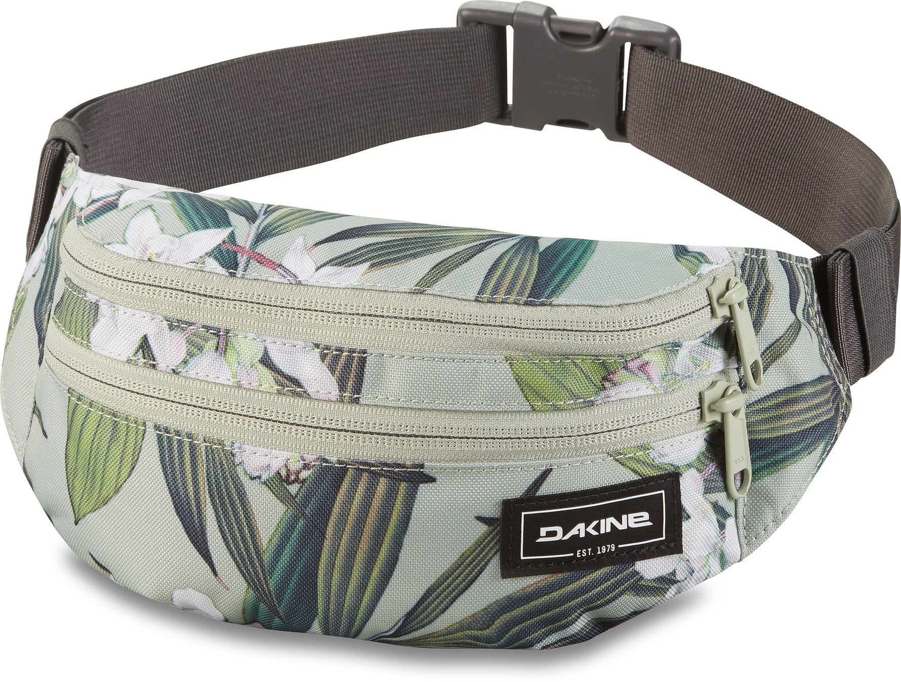 Dakine hip pack with tropical palm leaf print and adjustable waist strap
