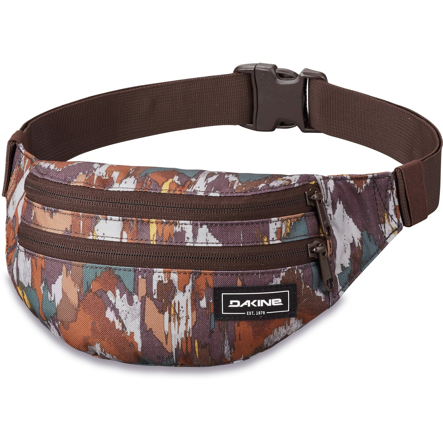 Dakine hip pack with multicolor abstract pattern and brown strap