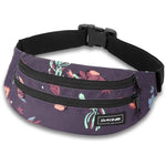 Dakine purple floral hip pack with black adjustable strap and multiple zip pockets