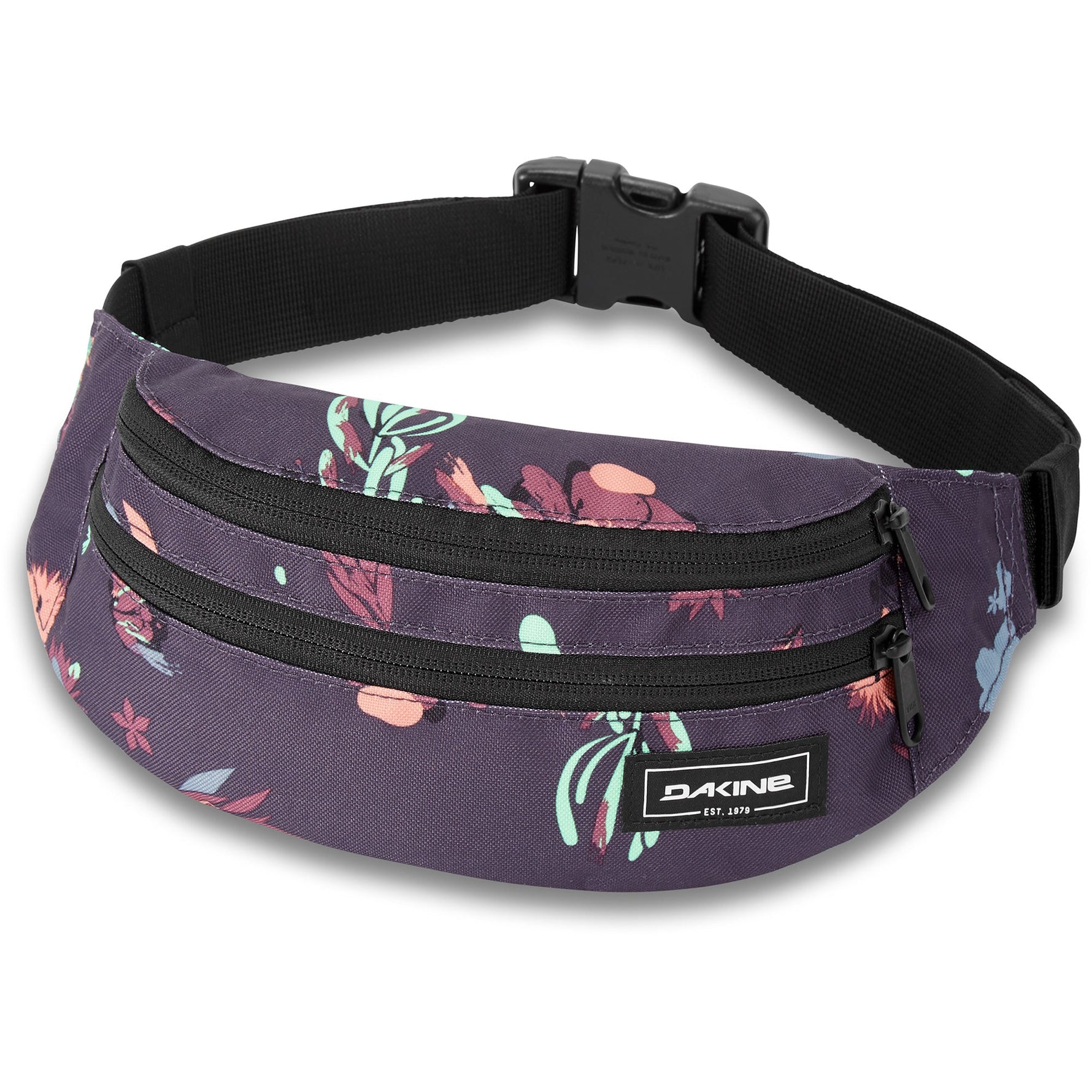 Dakine purple floral hip pack with black adjustable strap and multiple zip pockets