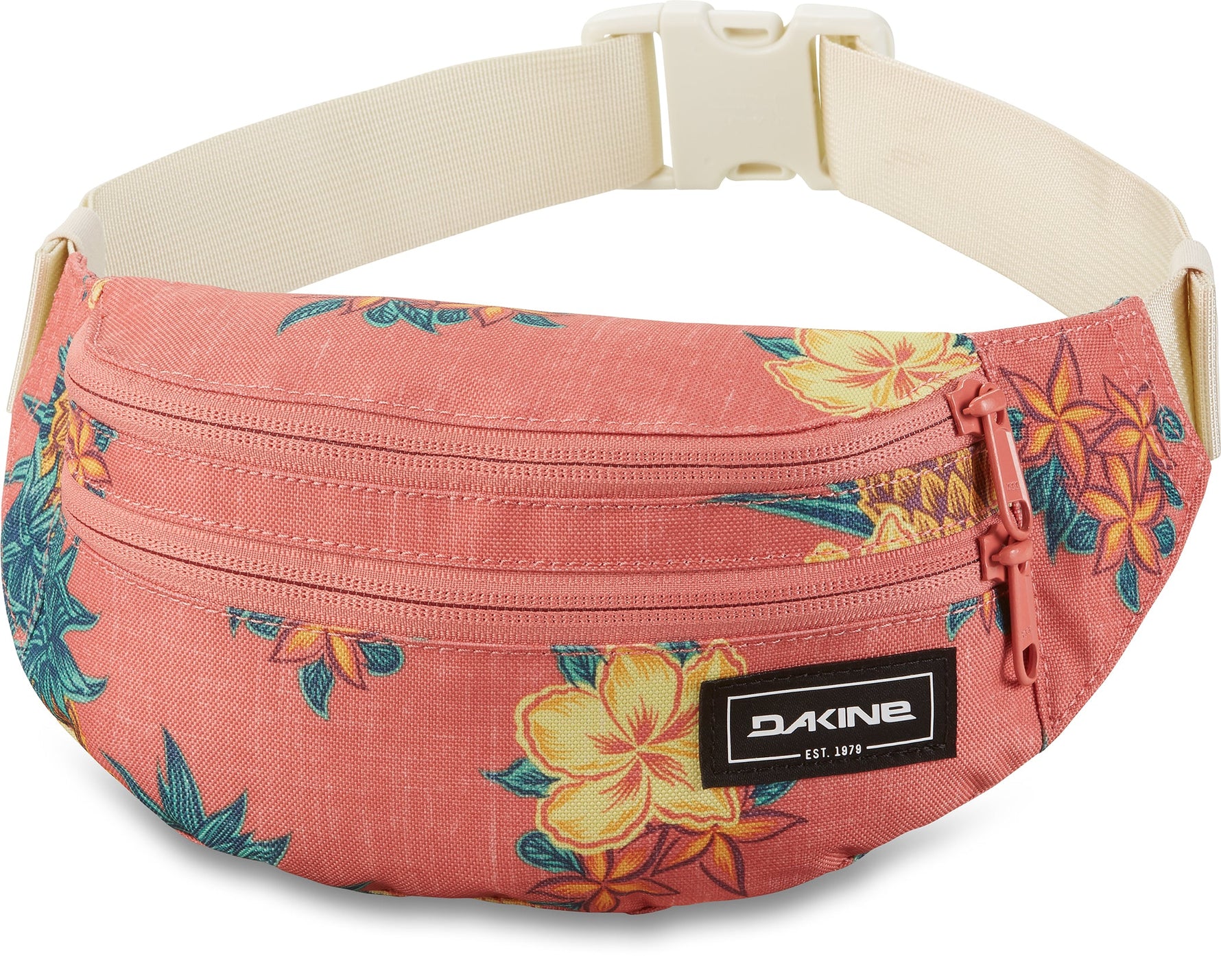 Dakine hip pack in coral pink with yellow hibiscus flowers and teal leaves