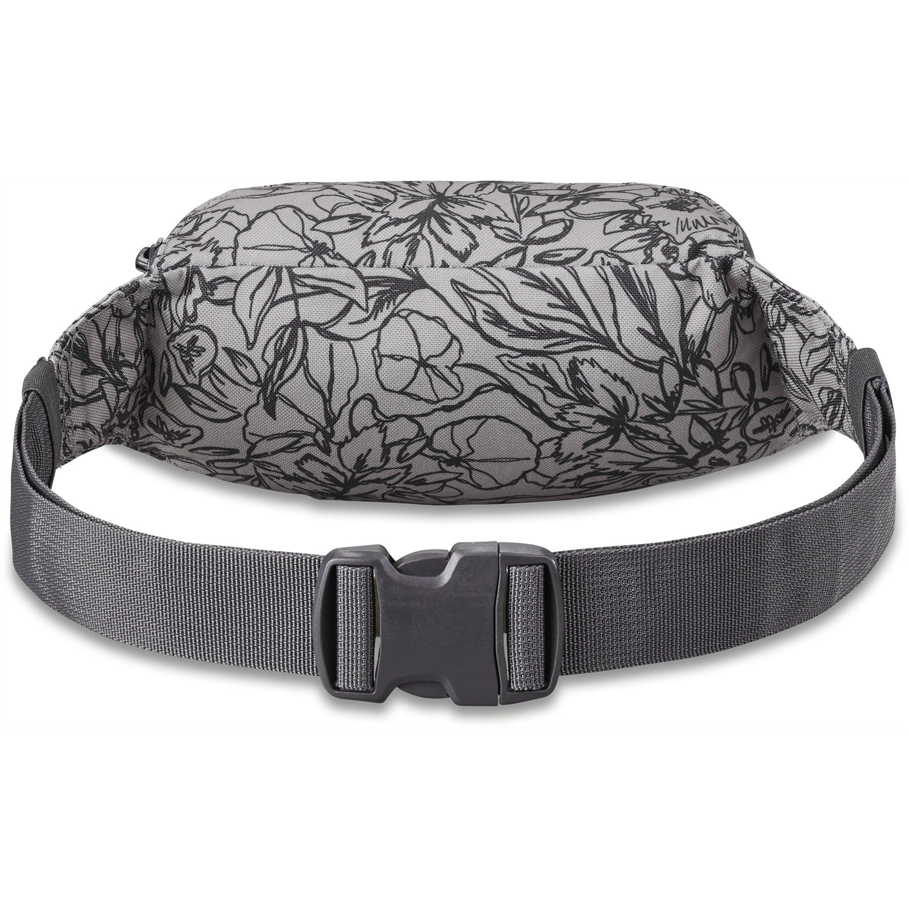 Dakine hip pack in gray with black floral pattern and adjustable waist strap
