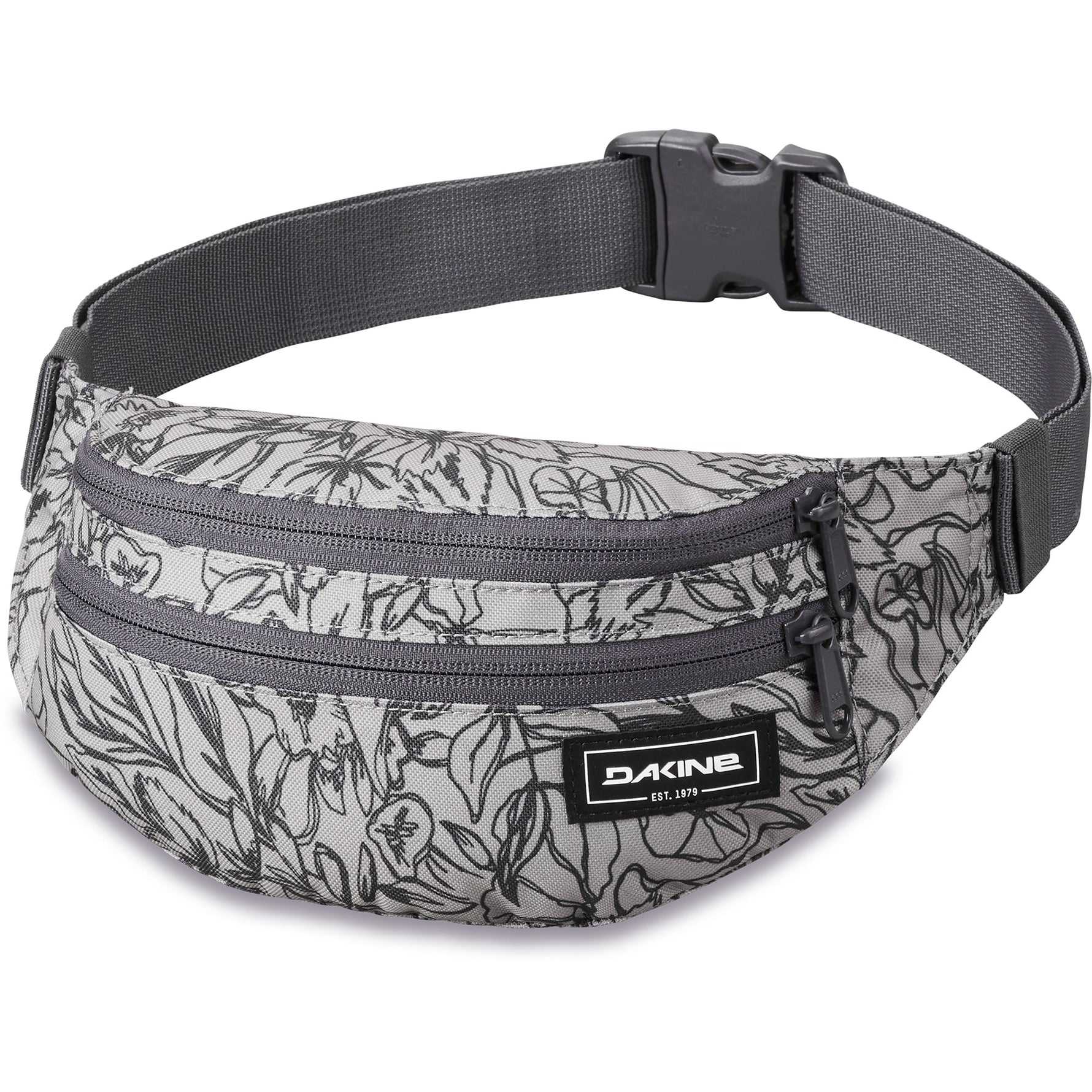 Dakine hip pack with gray background and black tropical leaf pattern design