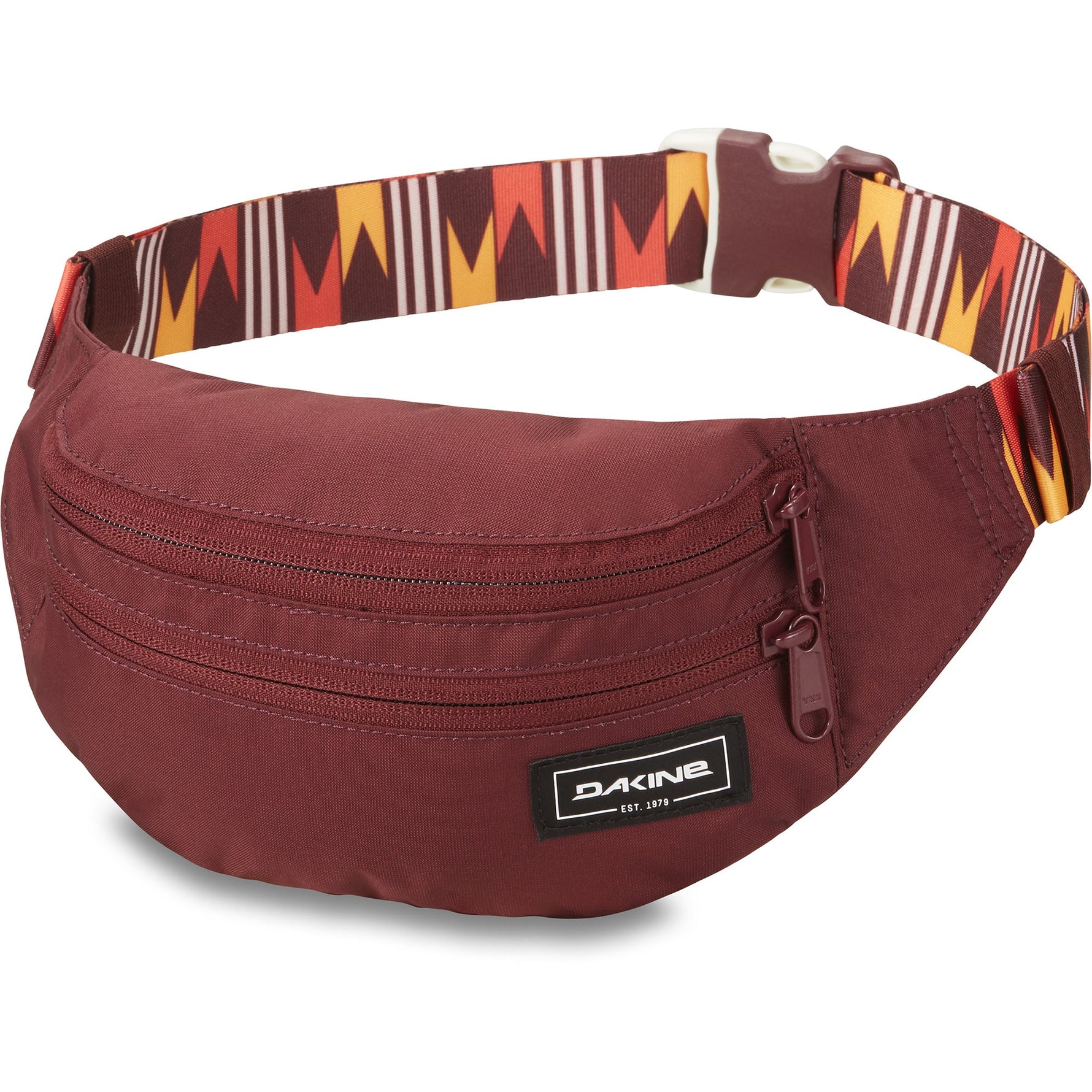 Dakine burgundy hip pack with geometric patterned waist strap and zip pocket