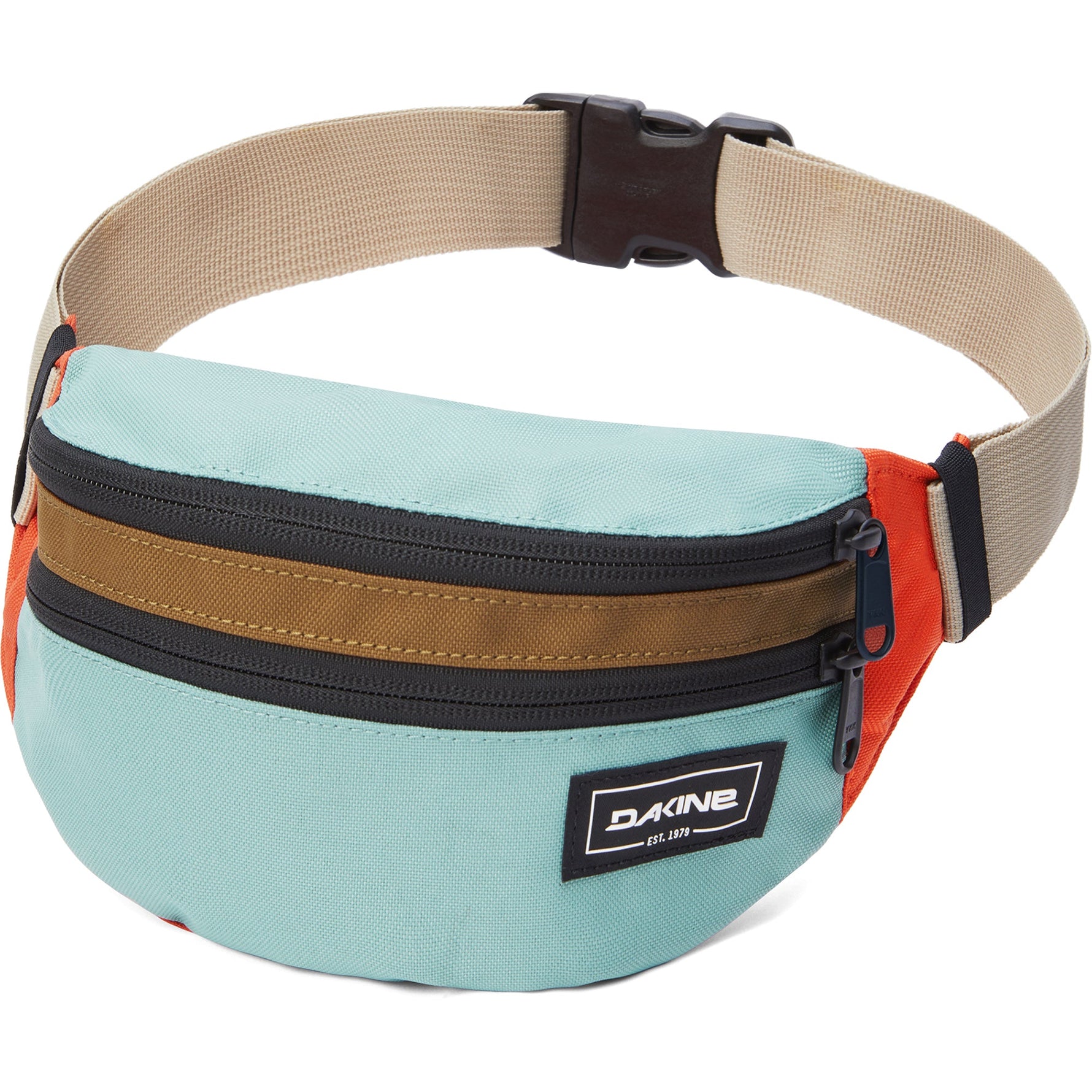 Dakine hip pack in mint green with brown and orange color blocking and adjustable waist strap