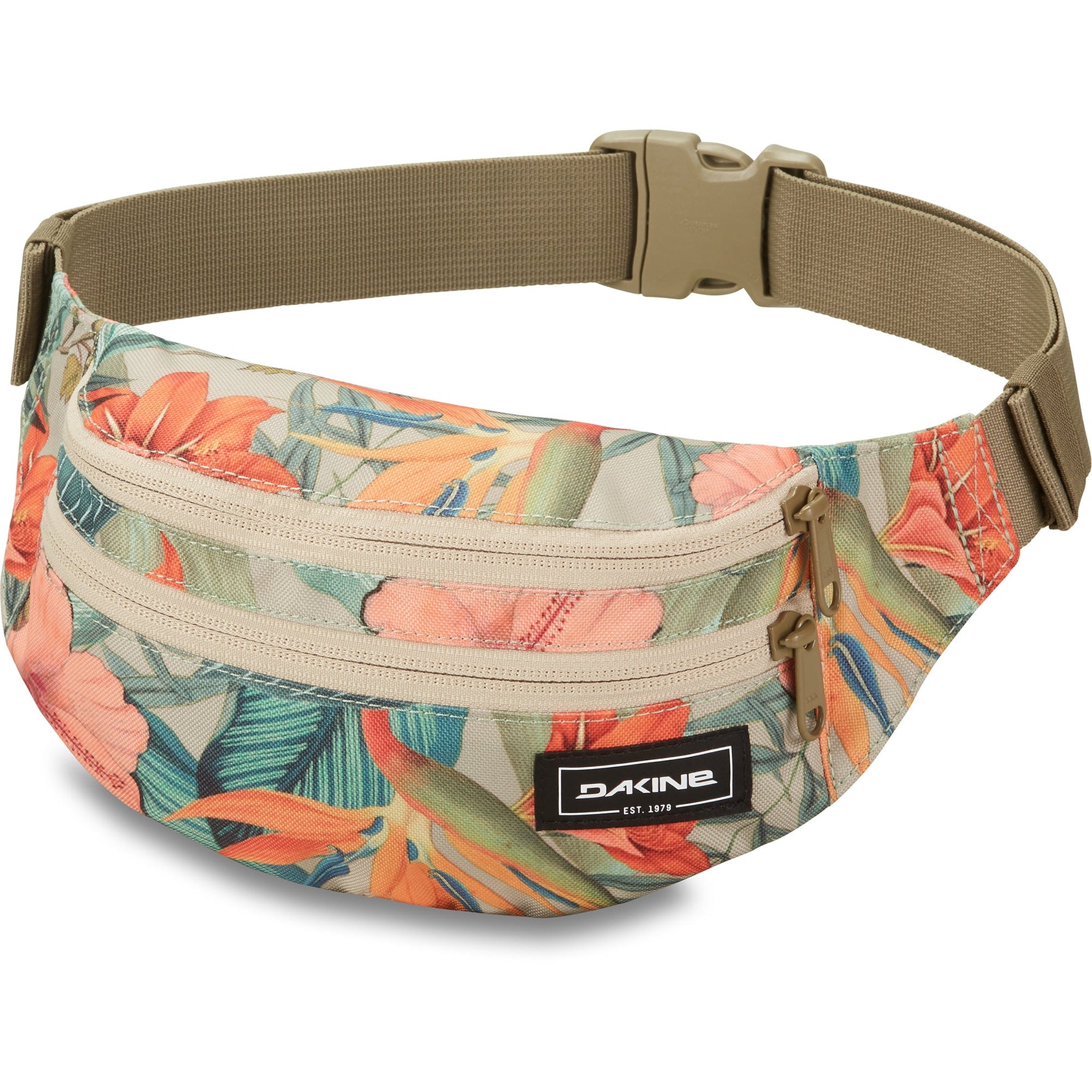 Dakine hip pack with tropical floral print featuring orange and coral flowers