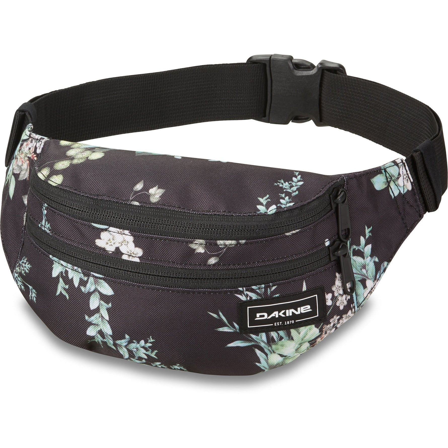 Dakine hip pack with dark floral botanical pattern and adjustable strap