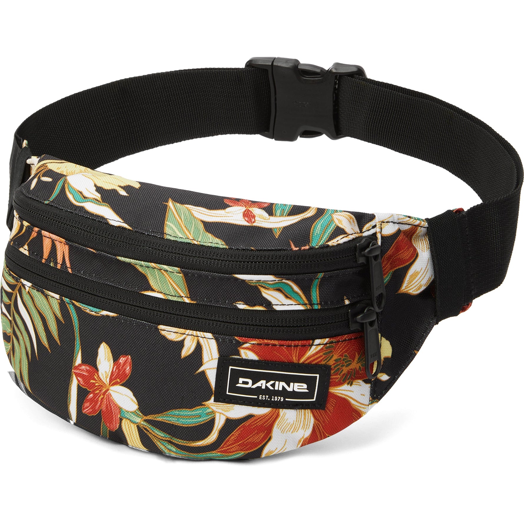 Dakine hip pack with tropical floral pattern on black background