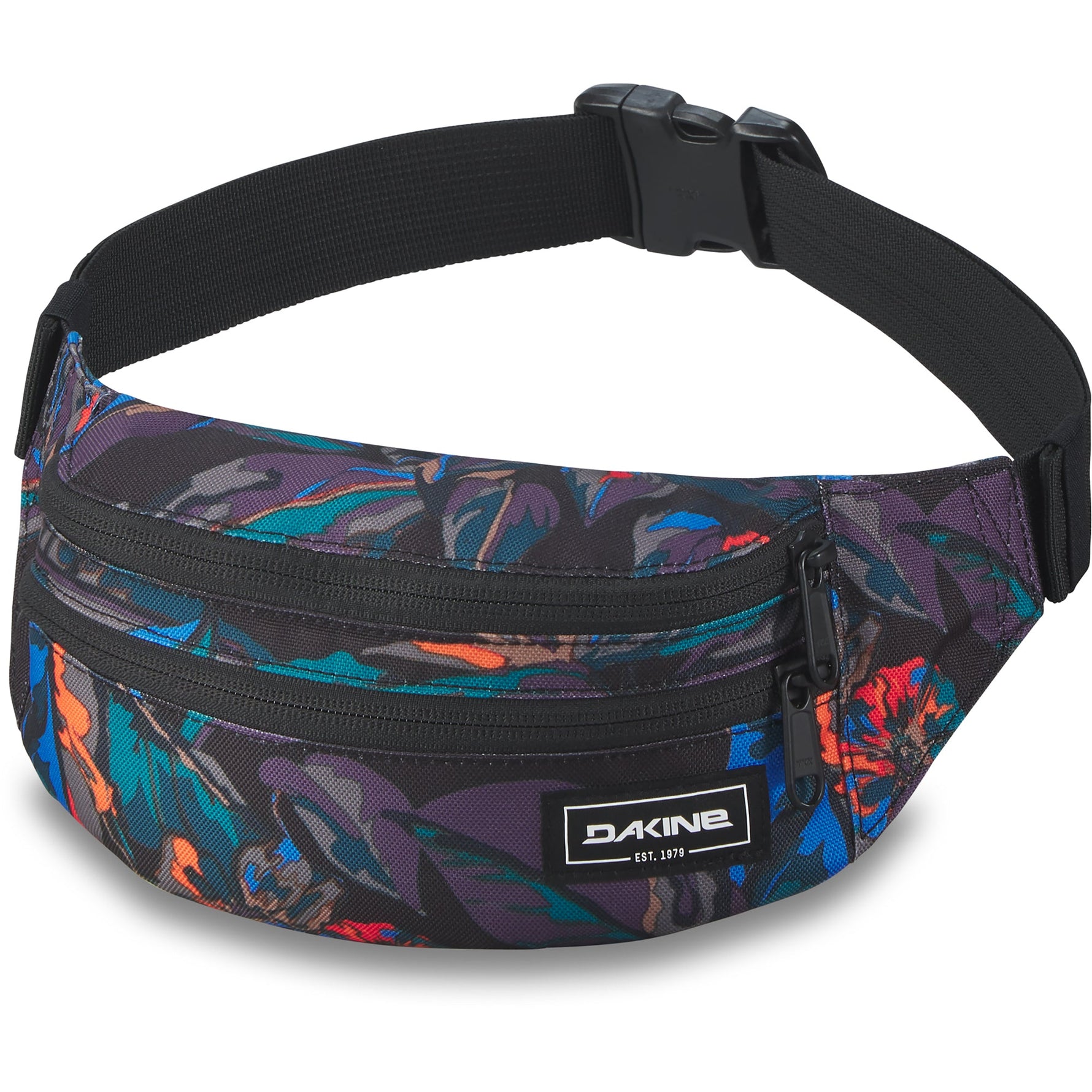 Dakine hip pack with colorful tropical pattern and black adjustable strap