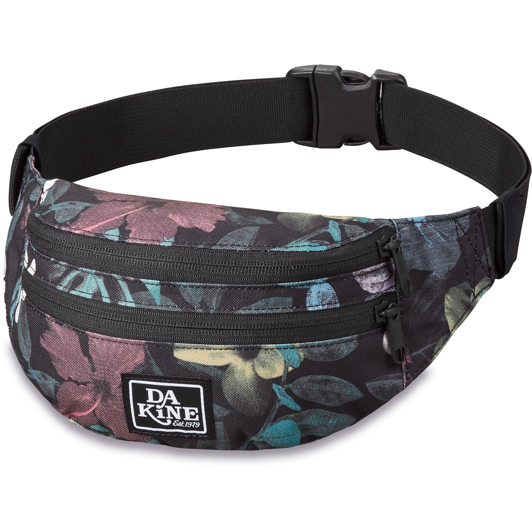 Dakine hip pack with tropical floral pattern and adjustable black strap