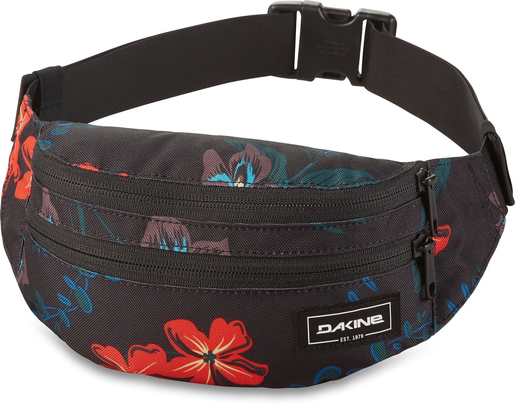 Dakine black hip pack with tropical floral pattern featuring red and blue flowers