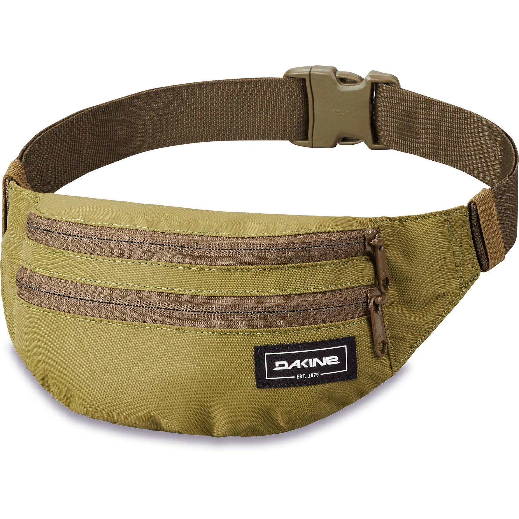 Dakine olive green hip pack with adjustable strap and multiple zipper compartments
