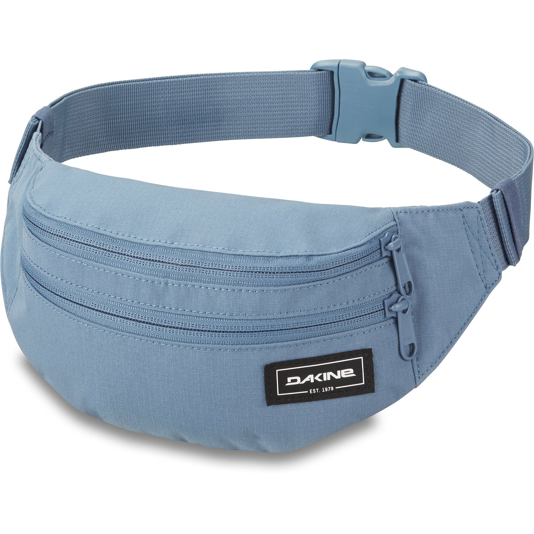 Dakine light blue hip pack with adjustable strap and multiple zippered compartments