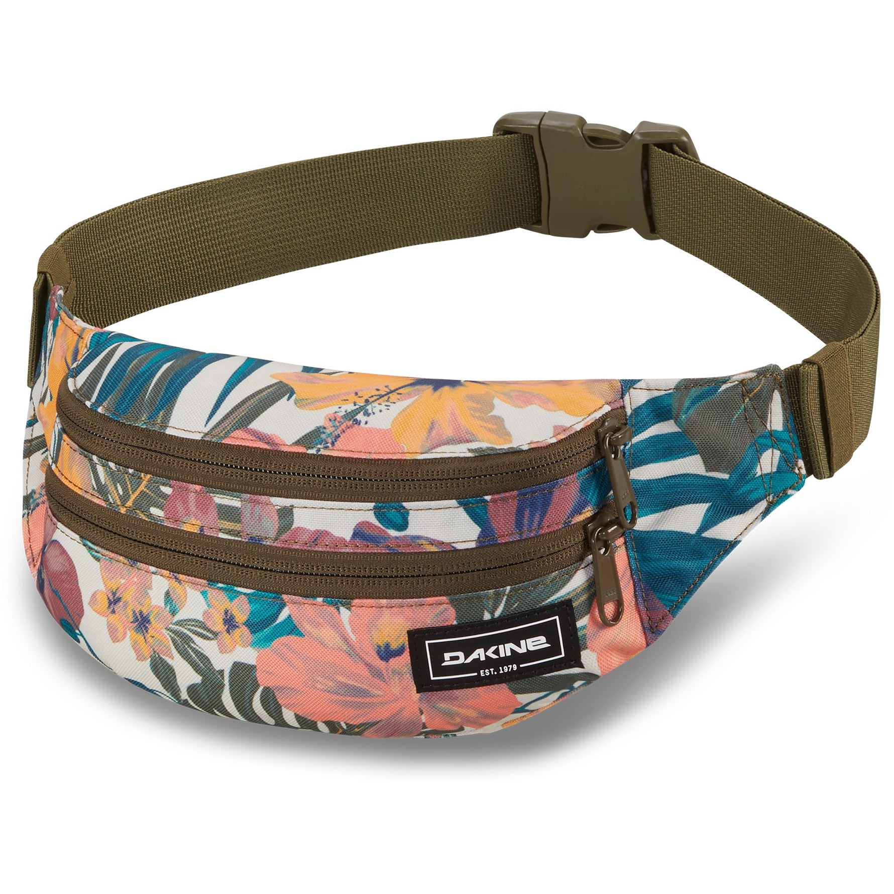 Dakine hip pack with tropical floral print and olive green strap