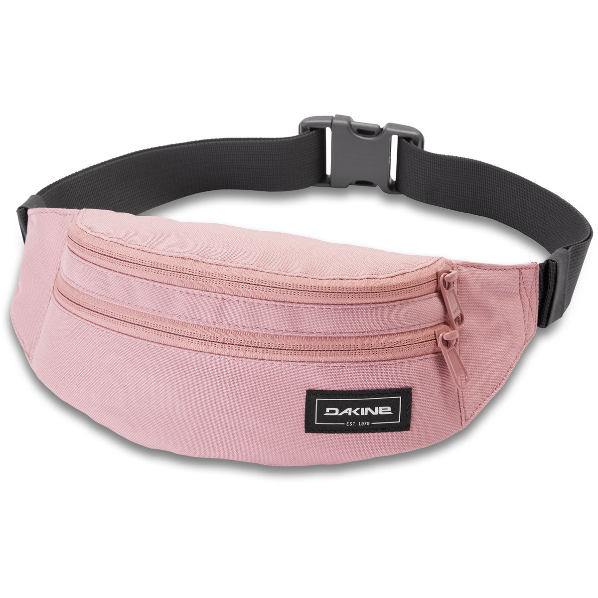 Pink Dakine hip pack fanny bag with black adjustable strap and zipper compartments