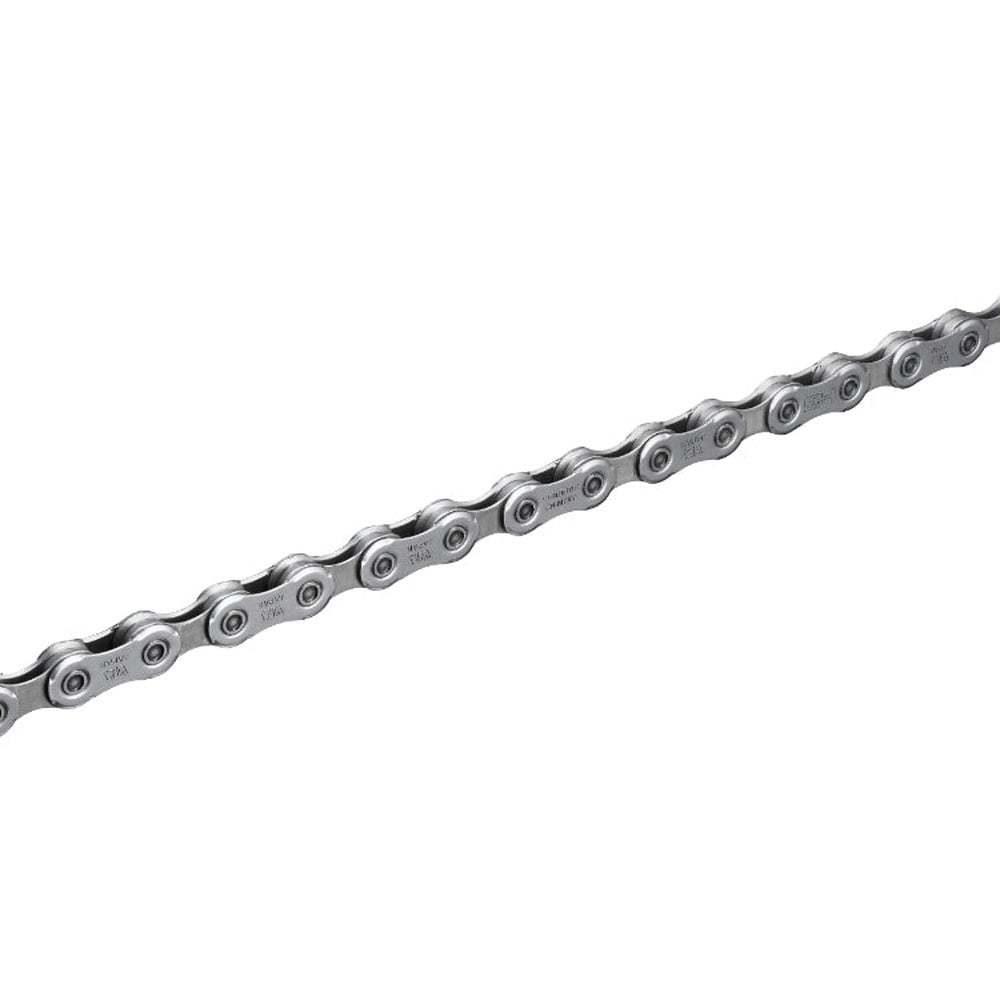 Shimano CN-M7100 12-speed bicycle chain in silver metallic finish on white background