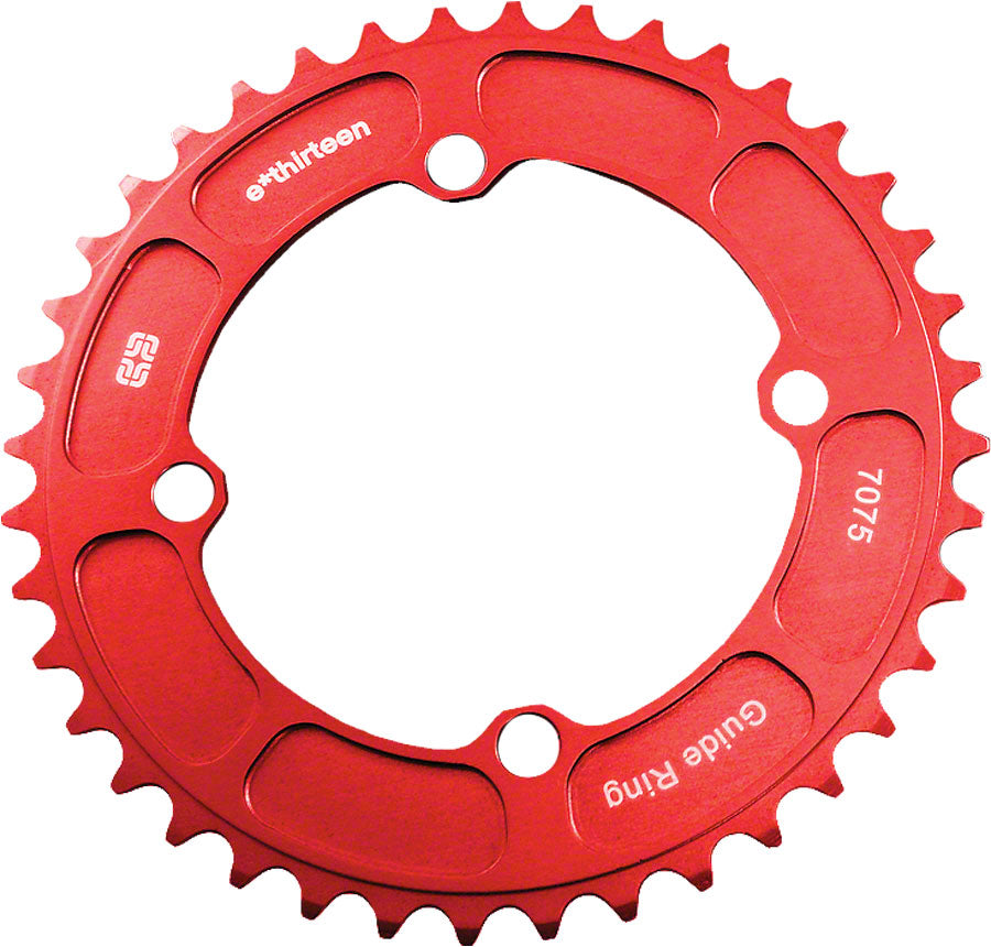 Red e*thirteen chainring with 38 teeth and four bolt holes