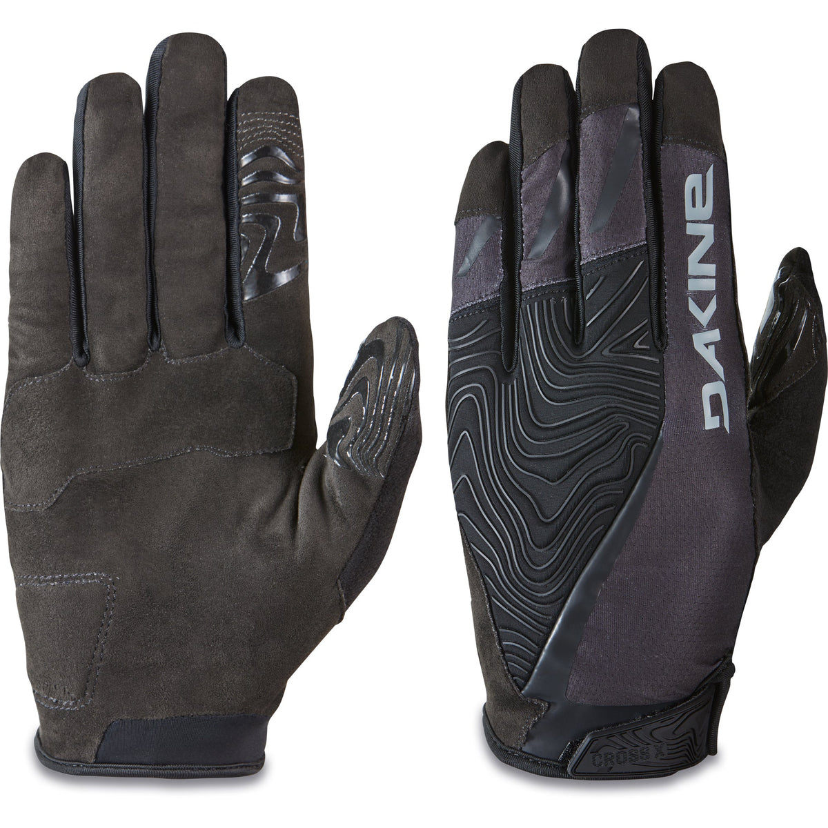 Dakine Cross X men's full-finger mountain bike gloves in black, front and back view