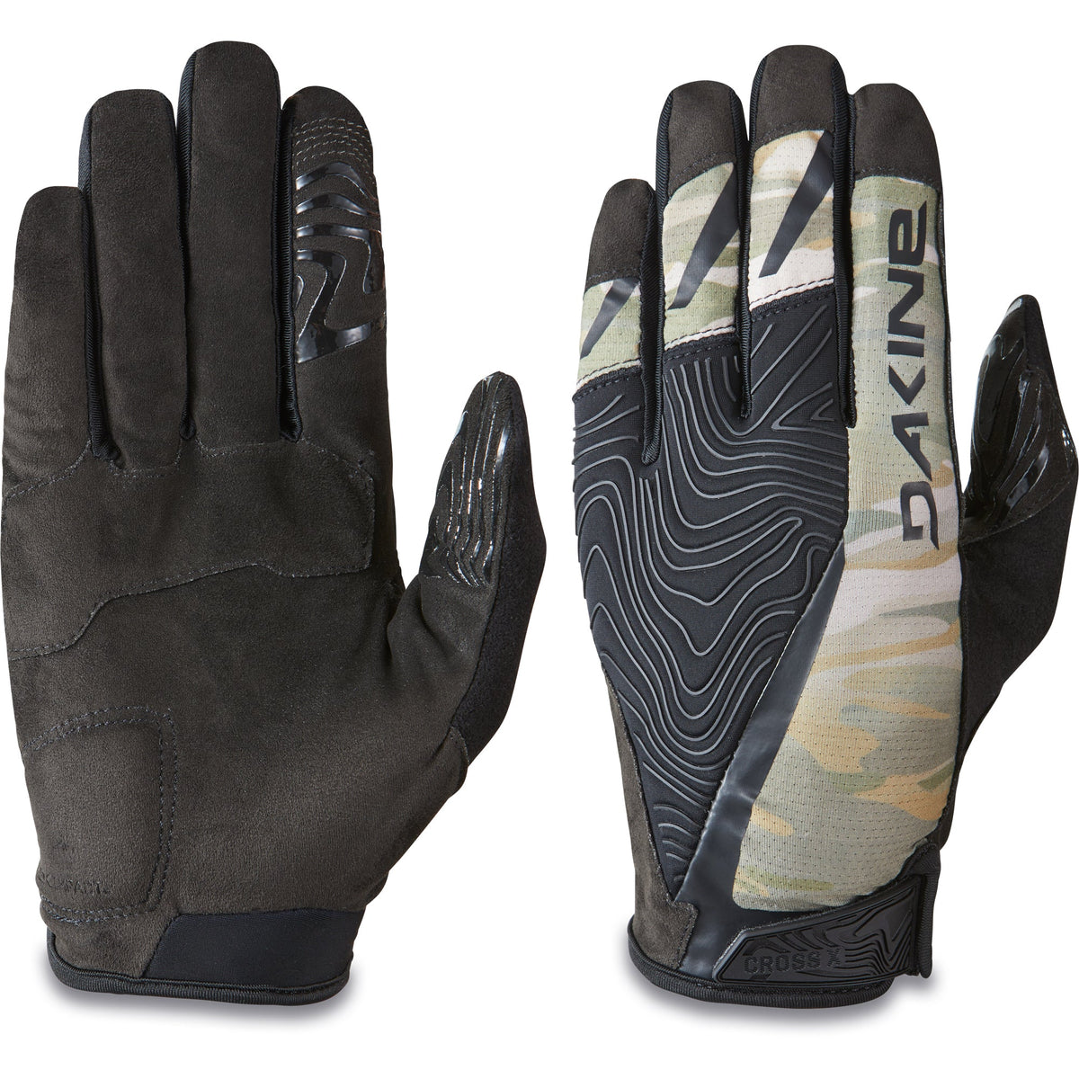 Dakine Cross X men's mountain bike gloves showing palm and camo dorsal views