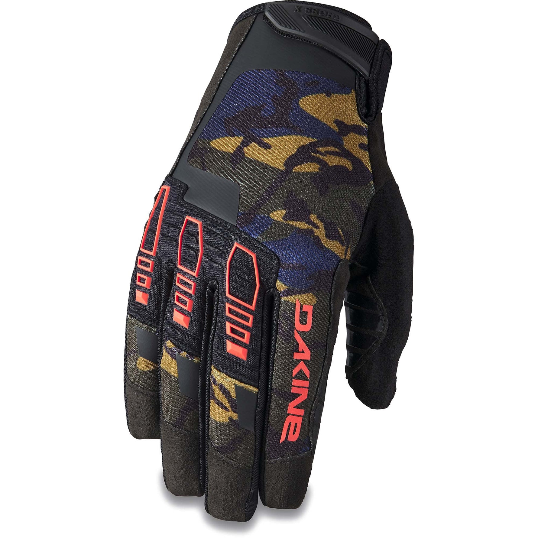 Dakine Cross X men's full-finger mountain bike glove in dark camo pattern with red accents