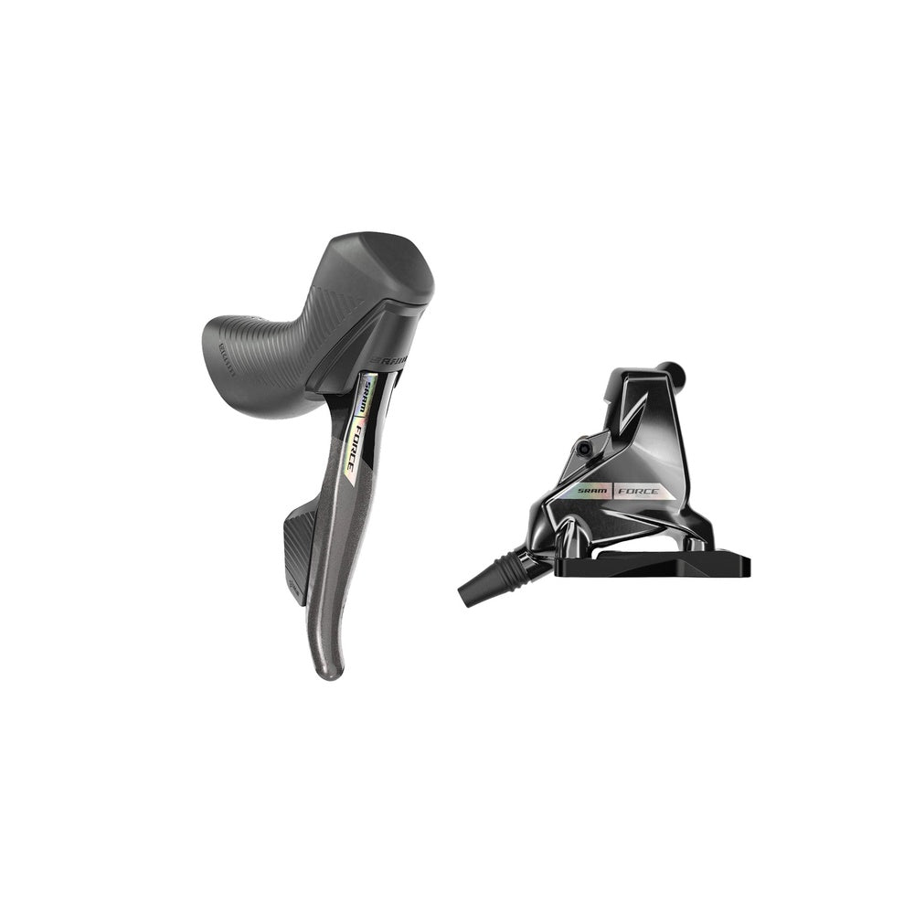 SRAM Force AXS hydraulic disc brake shifter and caliper in dark grey finish