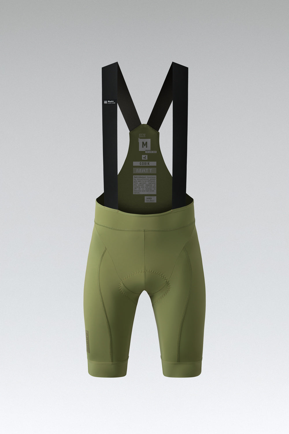 Gobik Matt 2.0 men's cycling bib shorts in olive green with black suspenders