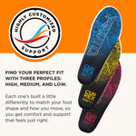 Currex RunPro insoles showing three arch profiles with colorful city map designs