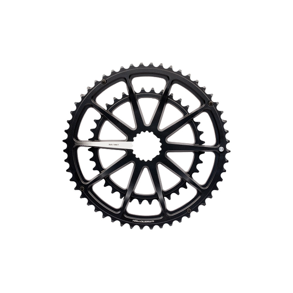 Black Cannondale Spidering chainring with spoke-like design on white background