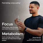 Man holding Ketone-IQ supplement bottle showcasing focus and metabolism benefits