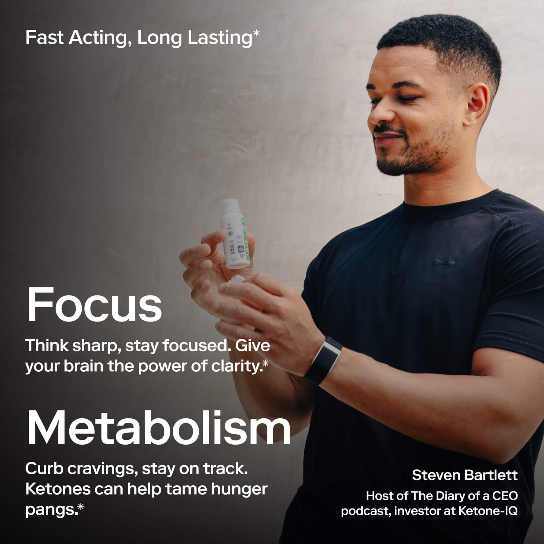 Man holding Ketone-IQ supplement bottle showcasing focus and metabolism benefits