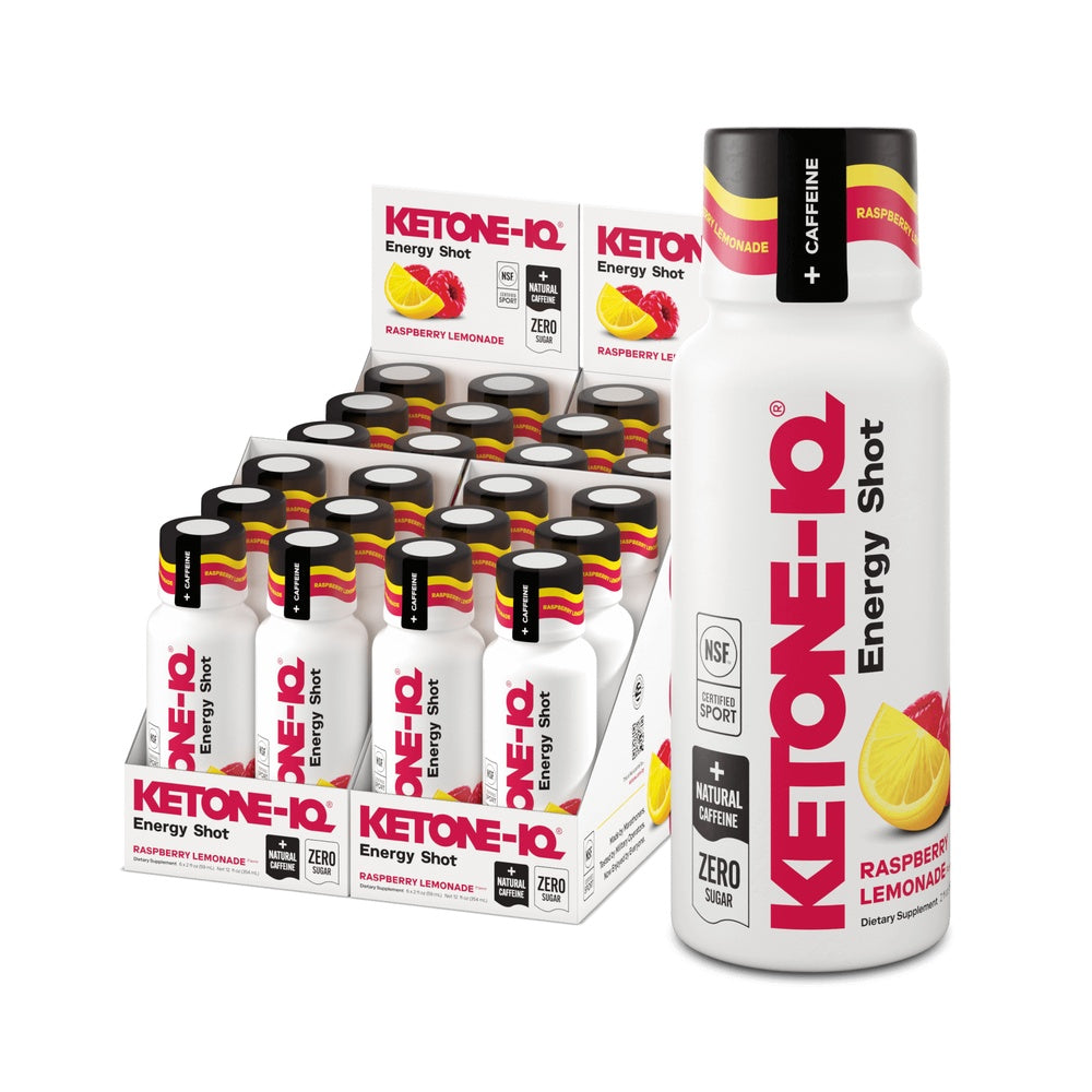 Ketone-IQ Energy Shot raspberry lemonade flavor bottles with display box and individual shots