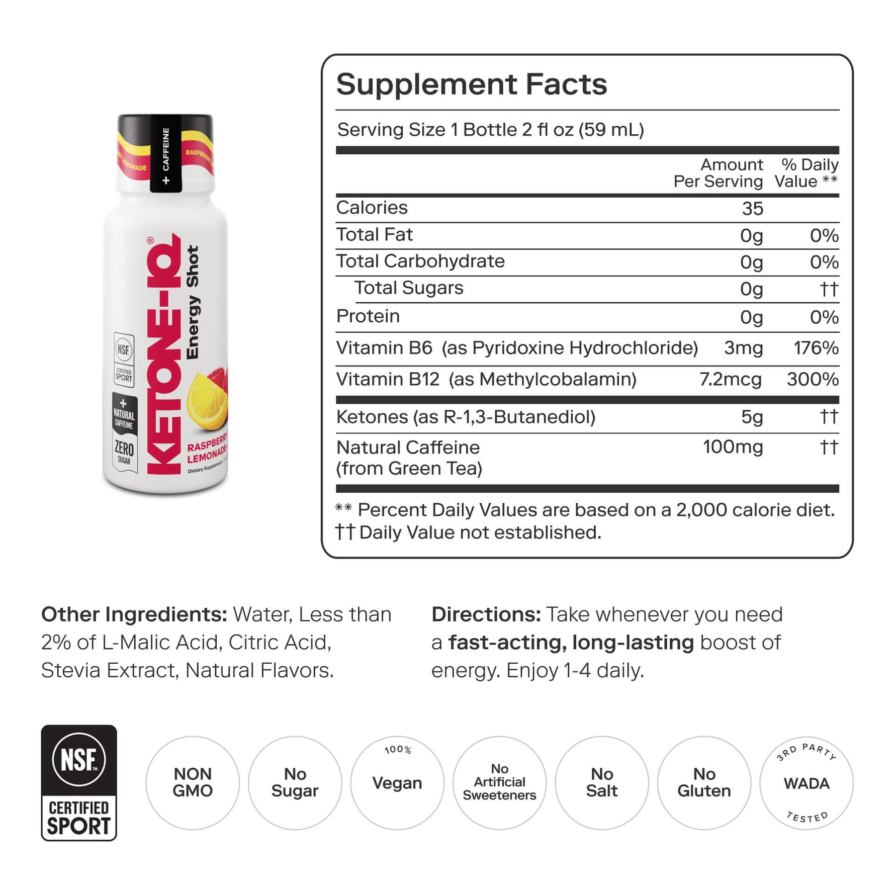 Ketone-IQ energy shot bottle with supplement facts panel showing raspberry lemonade flavor