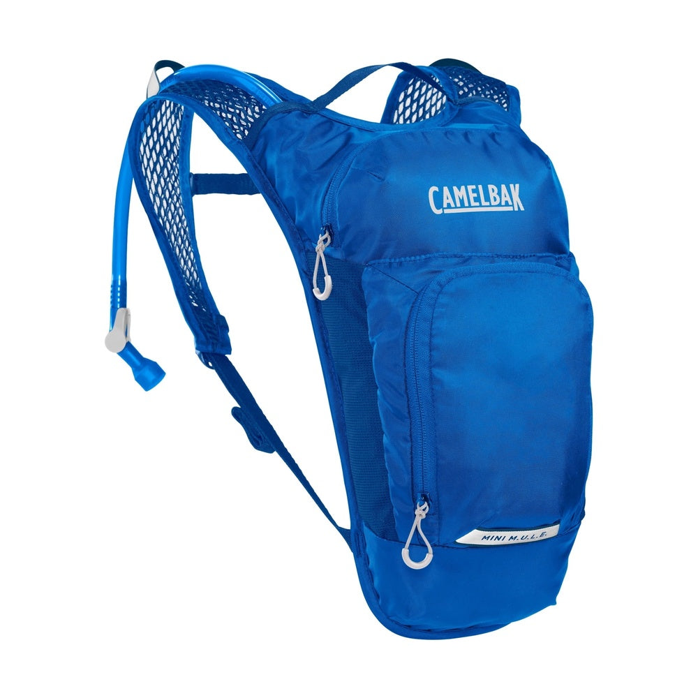 CamelBak Mini M.U.L.E. blue hydration backpack with water tube and mesh straps