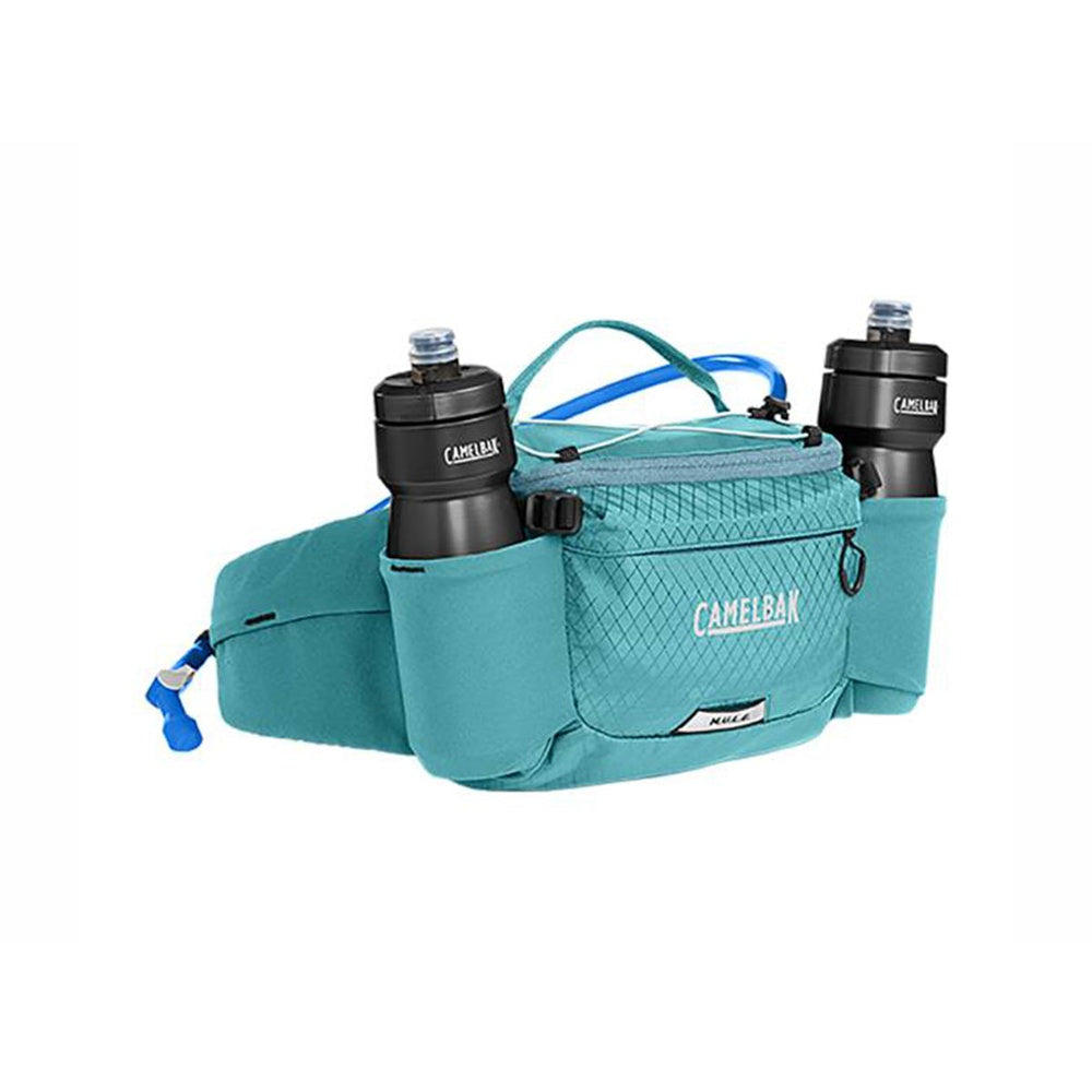 CamelBak M.U.L.E. 5 waist pack in arctic blue with water bottles and hydration tube